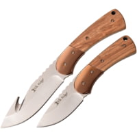 Elk Ridge - Outdoors Fixed Blade Knife Set - Includes 1 Gut Hook and 1 Plain Blade Knife - Black Wood Handle w/TiNite Coated Bolster, Leather Combo Sheath - Hunting, Camping, Survival - ER-200-10BK