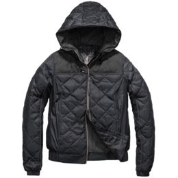 women's black quilted jacket with hood