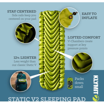 Klymit Static V2 Sleeping Pad 06s2gr03c With Free S H Campsaver