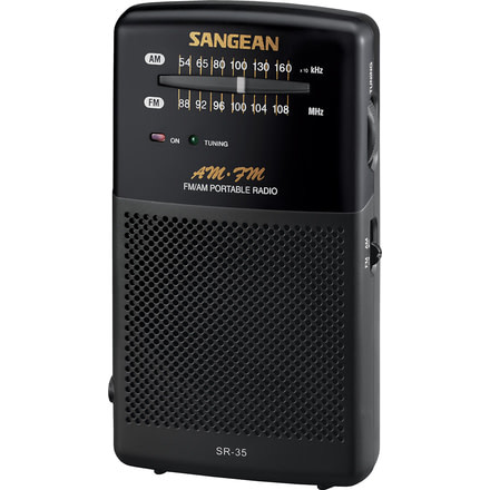 Sangean AM/FM Stereo, Analog Tuning + Earbuds + Neckstrap, Black SR-35