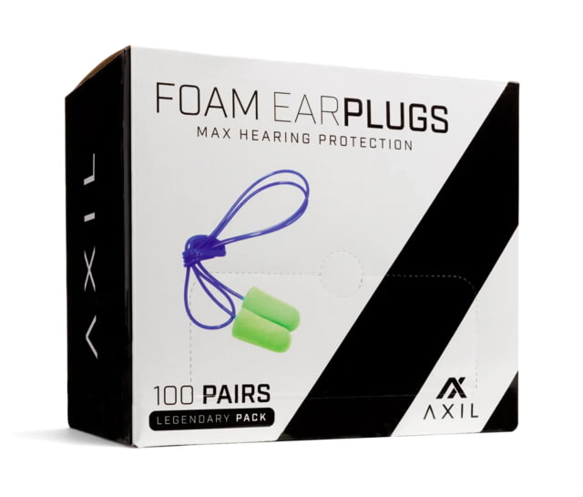 AXIL Foam Ear Plugs - 100 Pair Box With Lanyard Green