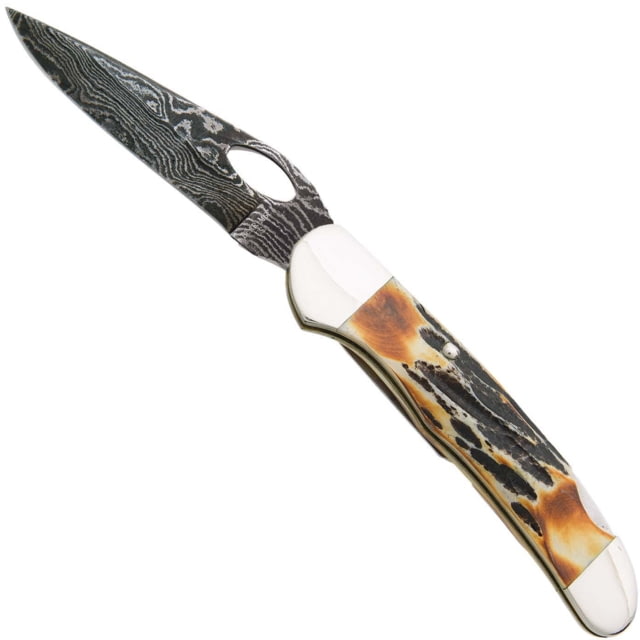 Bear and Son Knives Locking Cowhand Folding Knife 2.88in Damascus Steel Genuine India Stag Bone Handle w/ Pocket Clip