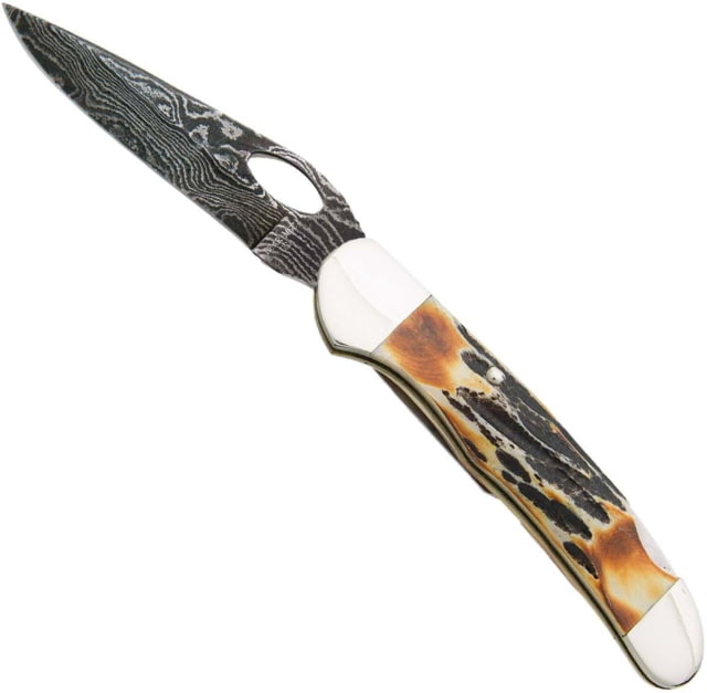 Bear and Son Knives Locking Cowhand Folding Knife 3.25in Damascus Steel Genuine India Stag Bone Handle w/ Pocket Clip