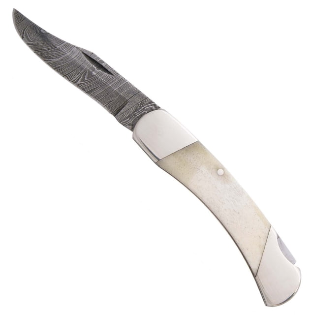 Bear and Son Knives Midsize Lockback Folding Knife 2.75in Damascus Steel White Smooth Bone Handle