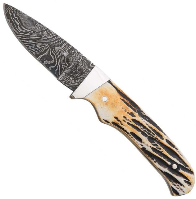 Bear and Son Knives Skinner Fixed Blade Knife w/ Leather Sheath 2.38in High Definition Damascus Steel Genuine India Stag Bone Handle