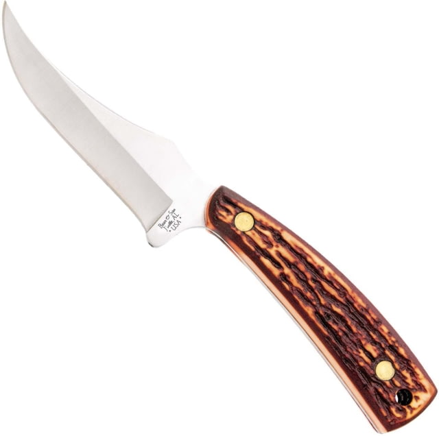 Bear and Son Knives Upswept Skinner Fixed Blade Knife 3.13in 440 Stainless Steel Skinner Stag Delrin Handle w/ Leather Sheath