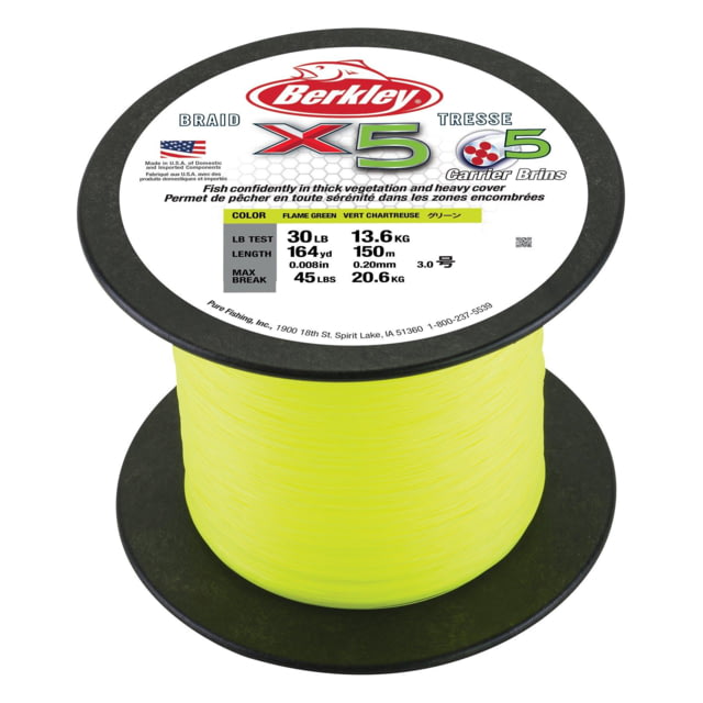 Berkley Jordan Lee x5 Braid Superline 0.35mm class/0.014in class 65lb test/80 lbC/36.3kg 2188yd/2000m 17lb Flame Green