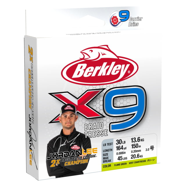 Berkley Berkley Jordan Lee x9 Braid Superline 0.10mm class/0.004in class 8lb test/20 lbC/9.0kg 2188yd/2000m 2lb Flame Green X9BBK8-GG Flame Green 0.004