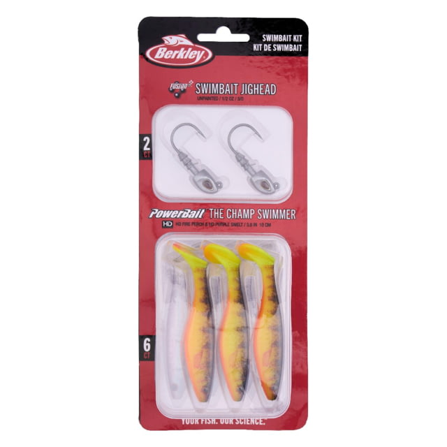 Berkley Berkley PowerBait The Champ Swimmer Kit 3.8in 8 Pack HD Fire Perch and HD Purple Smelt