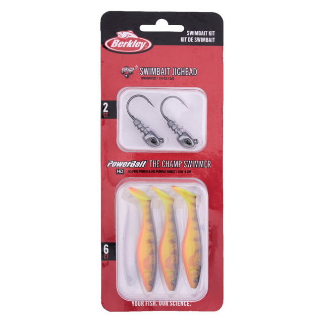 Berkley Berkley PowerBait The Champ Swimmer Kit 3in 8 Pack HD Fire Perch and HD Purple Smelt