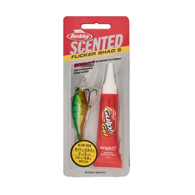 Berkley Scented Flicker Shad Hard Bait Crankbait 3/16 oz 2in / 5cm 9ft-11ft / 2.7m-3.4m Hook Size 8 2 Hooks Flashy Perch