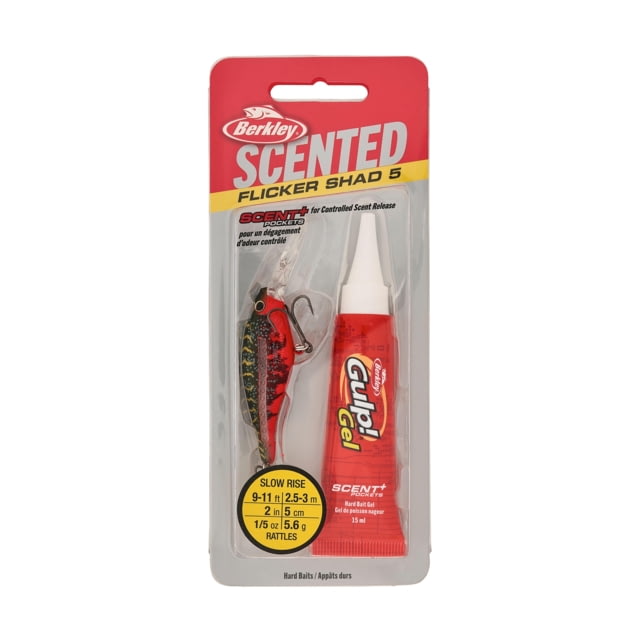 Berkley Scented Flicker Shad Hard Bait Crankbait 3/16 oz 2in / 5cm 9ft-11ft / 2.7m-3.4m Hook Size 8 2 Hooks Red Tiger