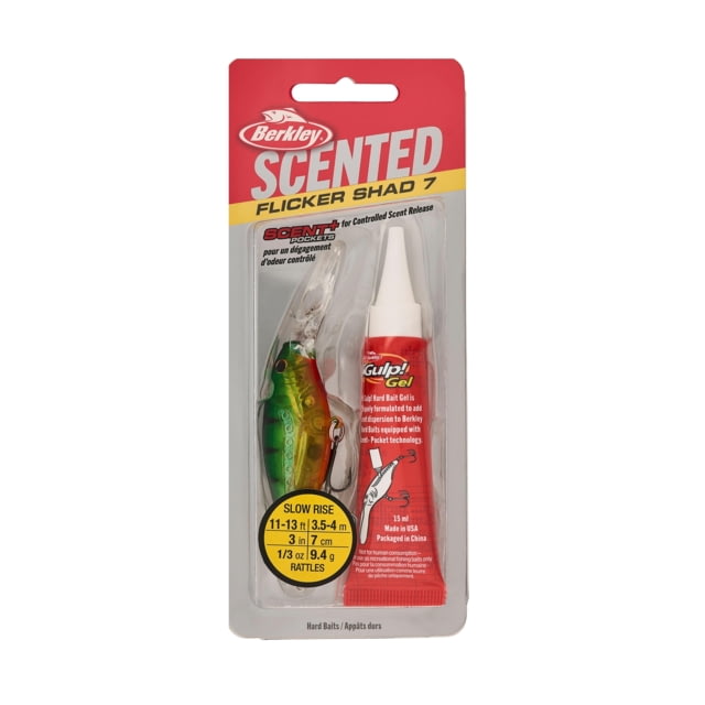 Berkley Scented Flicker Shad Hard Bait Crankbait 5/16 oz 2 3/4in / 7cm 11ft-13ft / 3.4m-4.0m Hook Size 6 2 Hooks Flashy Perch