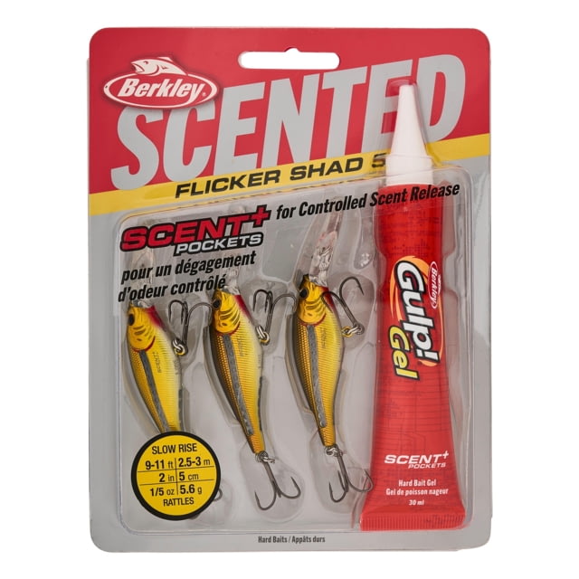 Berkley Scented Flicker Shad Pro Pack Hard Bait Crankbait 3/16 oz 2in / 5cm 9ft-11ft / 2.7m-3.4m Hook Size 8 2 Hooks Black Gold