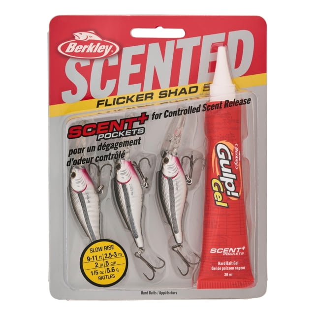 Berkley Scented Flicker Shad Pro Pack Hard Bait Crankbait 3/16 oz 2in / 5cm 9ft-11ft / 2.7m-3.4m Hook Size 8 2 Hooks Black Silver