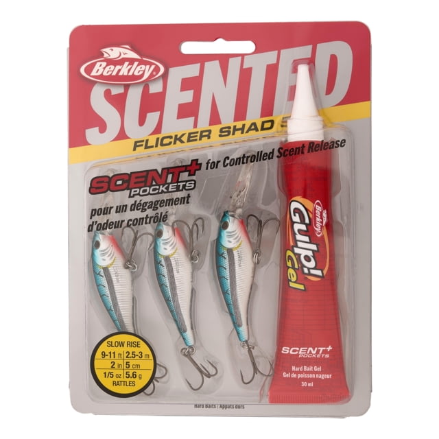 Berkley Scented Flicker Shad Pro Pack Hard Bait Crankbait 3/16 oz 2in / 5cm 9ft-11ft / 2.7m-3.4m Hook Size 8 2 Hooks Blue Tiger