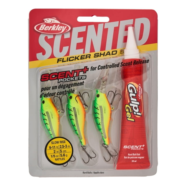 Berkley Scented Flicker Shad Pro Pack Hard Bait Crankbait 3/16 oz 2in / 5cm 9ft-11ft / 2.7m-3.4m Hook Size 8 2 Hooks Firetiger