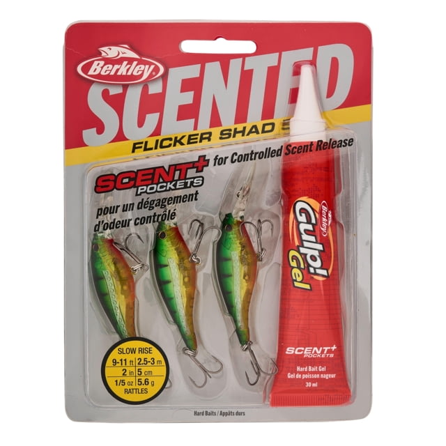 Berkley Scented Flicker Shad Pro Pack Hard Bait Crankbait 3/16 oz 2in / 5cm 9ft-11ft / 2.7m-3.4m Hook Size 8 2 Hooks Flashy Perch