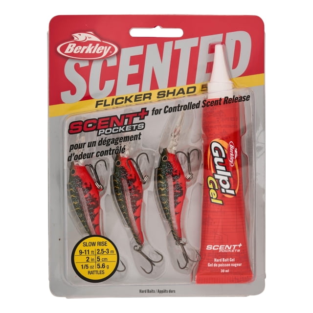 Berkley Scented Flicker Shad Pro Pack Hard Bait Crankbait 3/16 oz 2in / 5cm 9ft-11ft / 2.7m-3.4m Hook Size 8 2 Hooks Red Tiger