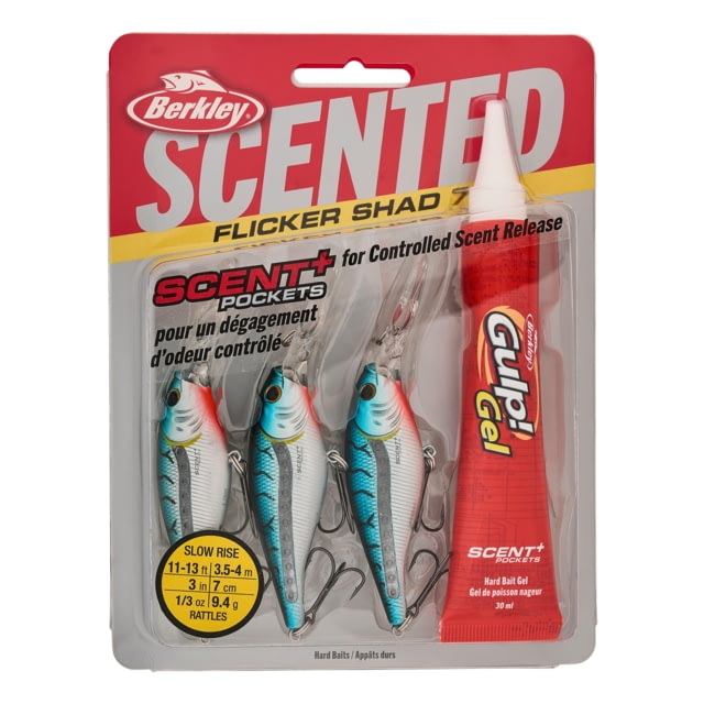 Berkley Scented Flicker Shad Pro Pack Hard Bait Crankbait 5/16 oz 2 3/4in / 7cm 11ft-13ft / 3.4m-4.0m Hook Size 6 2 Hooks Blue Tiger