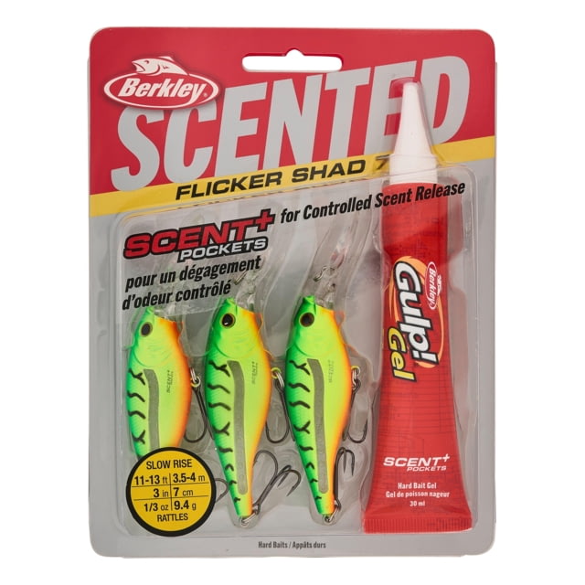 Berkley Scented Flicker Shad Pro Pack Hard Bait Crankbait 5/16 oz 2 3/4in / 7cm 11ft-13ft / 3.4m-4.0m Hook Size 6 2 Hooks Firetiger