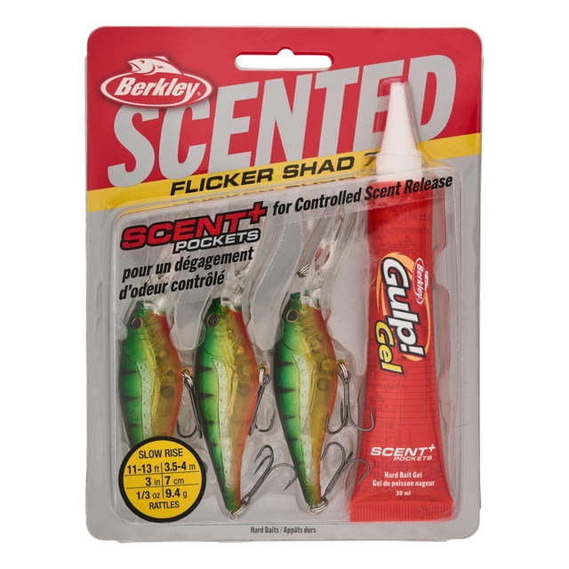 Berkley Scented Flicker Shad Pro Pack Hard Bait Crankbait 5/16 oz 2 3/4in / 7cm 11ft-13ft / 3.4m-4.0m Hook Size 6 2 Hooks Flashy Perch