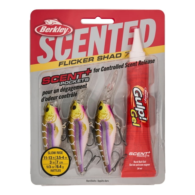 Berkley Scented Flicker Shad Pro Pack Hard Bait Crankbait 5/16 oz 2 3/4in / 7cm 11ft-13ft / 3.4m-4.0m Hook Size 6 2 Hooks Purple Tiger