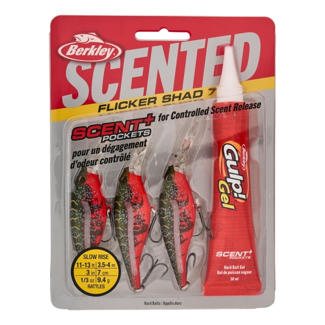 Berkley Scented Flicker Shad Pro Pack Hard Bait Crankbait 5/16 oz 2 3/4in / 7cm 11ft-13ft / 3.4m-4.0m Hook Size 6 2 Hooks Red Tiger