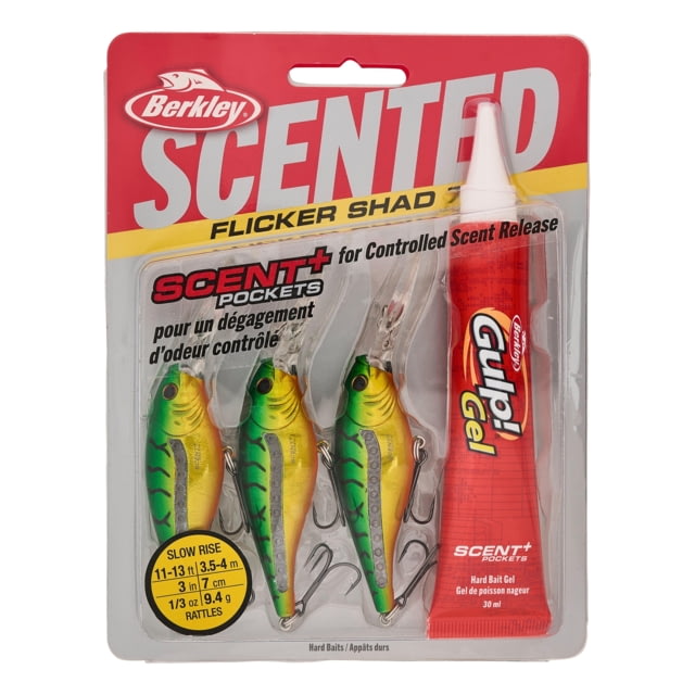 Berkley Scented Flicker Shad Pro Pack Hard Bait Crankbait 5/16 oz 2 3/4in / 7cm 11ft-13ft / 3.4m-4.0m Hook Size 6 2 Hooks Slick Firetiger