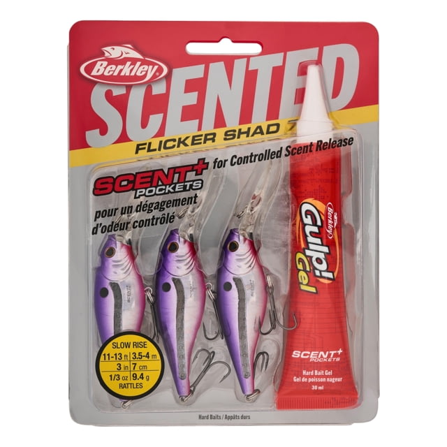 Berkley Scented Flicker Shad Pro Pack Hard Bait Crankbait 5/16 oz 2 3/4in / 7cm 11ft-13ft / 3.4m-4.0m Hook Size 6 2 Hooks Slick Purple Candy
