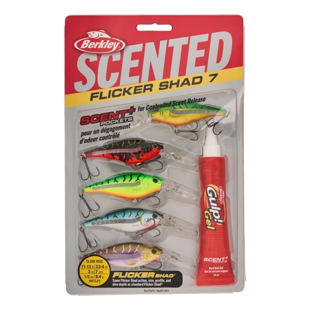 Berkley Scented Flicker Shad Tiger Pack Hard Bait Crankbait 3/16 oz 2 3/4in / 7cm 11ft-13ft / 3.4m-4.0m Hook Size 6 2 Hooks Assorted