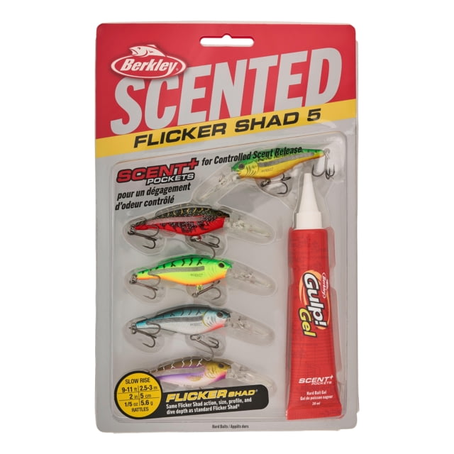 Berkley Scented Flicker Shad Tiger Pack Hard Bait Crankbait 3/16 oz 2in / 5cm 9ft-11ft / 2.7m-3.4m Hook Size 8 2 Hooks Assorted