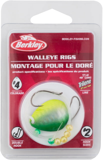 Berkley Walleye Rig - Colorado Hook Size Front 2 / Back 2 Tackle Size 4 Tackle Style Colorado Blade Number of Hooks 2 Break Strength 17lb / 7.7kg