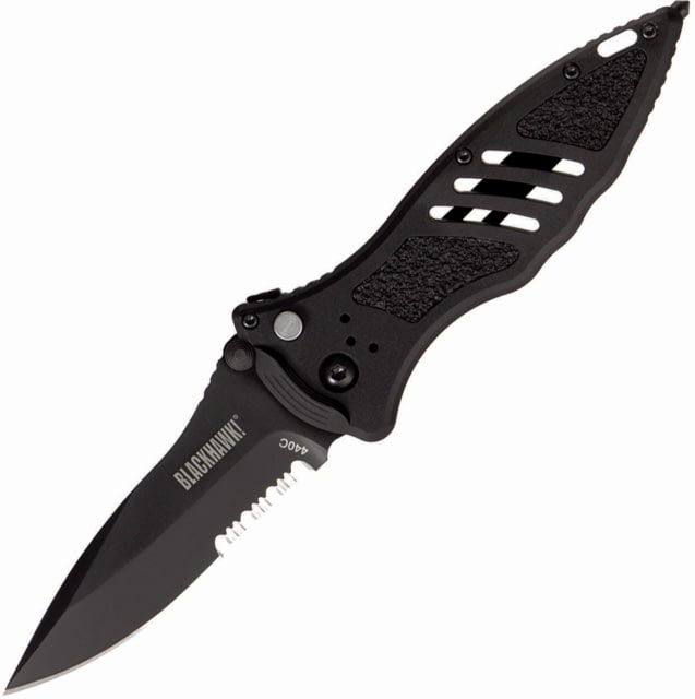 BlackHawk Small Button Lock Folding Knife 3.25in D2 Tool Steel Partial Serrated Reinforced Nylon w/ 420J Stainless Steel Liners Handle Black