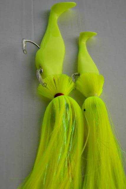 Blue Water Candy Loaded 3x2 Tandem Cobia Rig 6in and 5in Shad Chartreuse