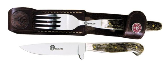 Boker USA Arbolito Stag Fork & Knife Set w/ Leather Sheath
