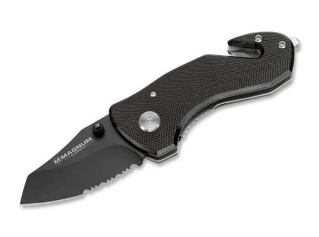 Boker USA Magnum Compact Rescue Folding Knife 3.5in Closed 2in 440A Black Partially Serrated Blade Black Textured Aluminum Handle