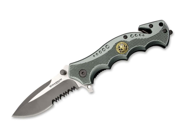Boker USA Magnum Hero Folding Knife 4.63in Closed 3in 440A Two-Tone Partially Serrated Blade Gray Checkered Aluminum Handle