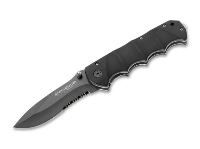 Boker USA Magnum Stealth Tactical Folding Knife 5.13in Closed 3.75in 440 SS Black Partially Serrated Modified Spear Point Blade Black Aluminum Handle