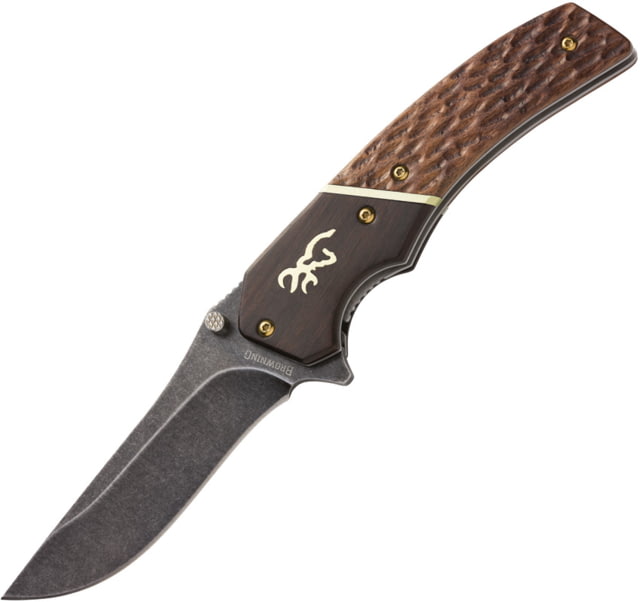 Browning Hunter Series Linerlock Folding Knife 3.5" black stonewash finish stainless blade Black and brown sculpted wood handle