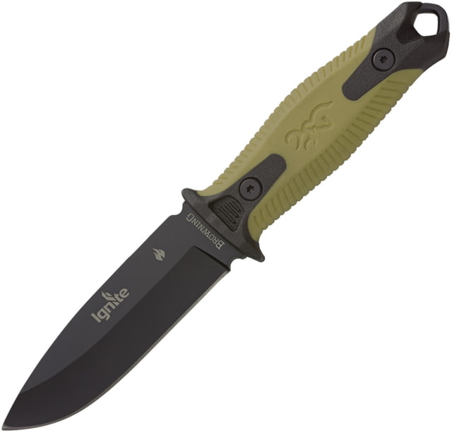 Browning Ignite 2 Fixed Blade Knife 4" black oxide coated 7Cr17MoV stainless drop poin Black polymer handle with green rubber insert