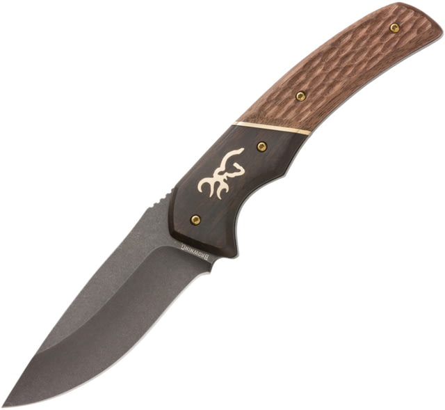 Browning Large Hunter Fixed Blade Knife 3.75" black stonewash finish 440C stainless skinne Two-tone finish sculpted wood handle