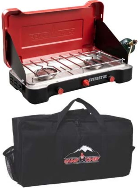 Camp Chef Mountain Series Everest 2X High Output Two-Burner Cooking System Black/Red with Black Carry Bag CBMS