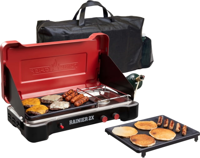 Camp Chef Mountain Rainier 2X Two-Burner Cooking System w/ Griddle/Carry Bag Black/Red