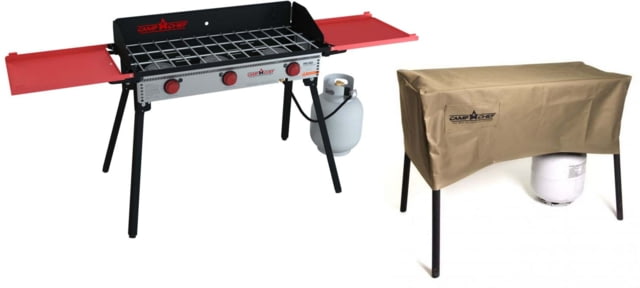 Camp Chef Pro 90X – 3 Burner Stove Black and Red with Tan Patio Cover PC42