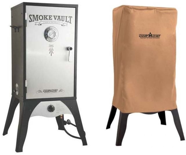 Camp Chef Smoke Vault Food Smoker 18in Silver/Black with Tan Patio Cover PC18