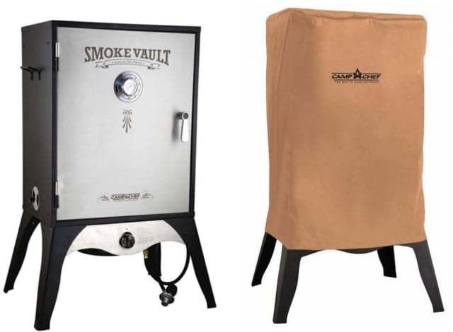 Camp Chef Smoke Vault Food Smoker 24in Silver/Black with Tan Patio Cover PC24