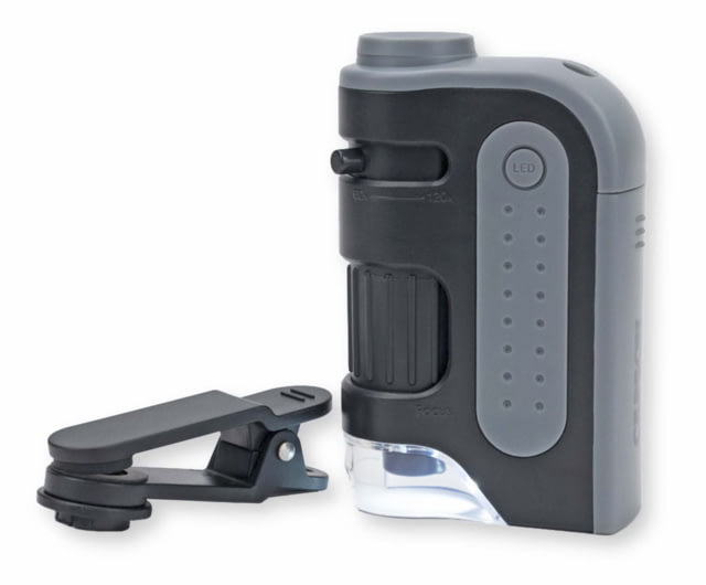 Carson Optical MicroBrite Pro LED Lit Zoom Pocket Microscope w/ Smartphone Adapter Clip Gray 2.9 in x 1.1 in x 4.6 in