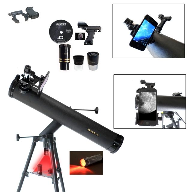 Cassini Astronomical Reflector Telescope and #G-SPA Smartphone Adapter and red LED observation light Black 800x80mm