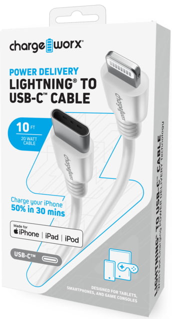 Chargeworx PD Cable Lightning to USB-C 10ft White